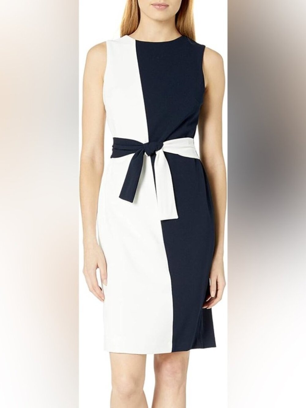 TOMMY HILFIGER Colorblock Navy Blue & White 4 S Sheath Belted Pencil Dress